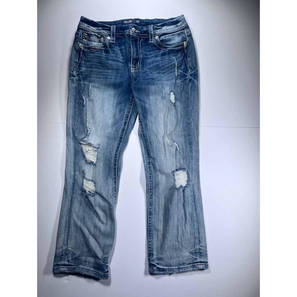 Miss Me Curvy Crop Womens 30 Blue Distressed Fleur de Lis Embellished Jeans 0603